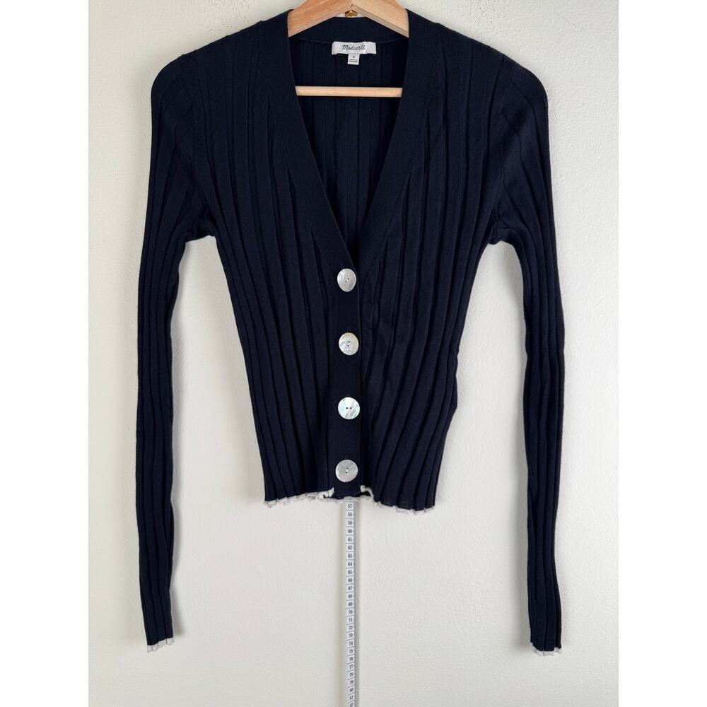 Madewell Tipped Merino Wool Silk Ribbed Cardigan Navy Medium - Picture 6 of 14